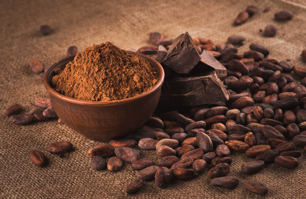 Cacao en forma de granos y en polvo.