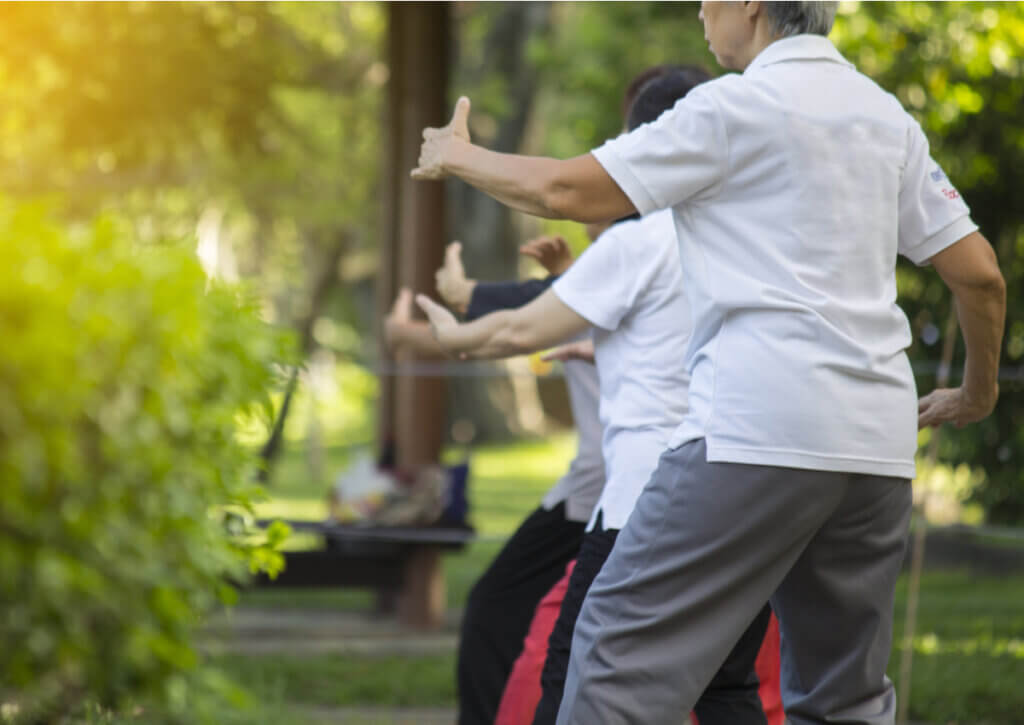 Personas mayores practicando Chi Kung en un parque.