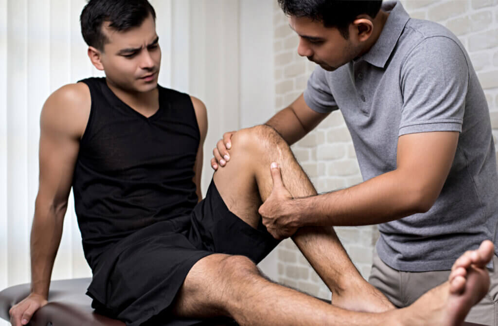 Deportista acude al fisioterapeuta para tratar un esguince de rodilla.