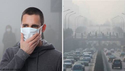 Hombre usando mascarilla por culpa de la contaminación del ambiente