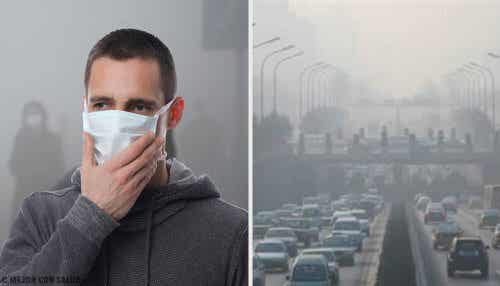 Hombre usando mascarilla por culpa de la contaminación del ambiente 