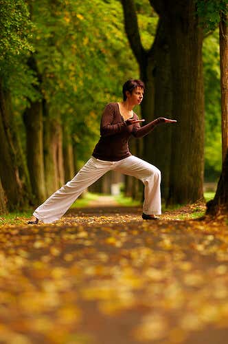 Mujer haciendo yoga en el bosque