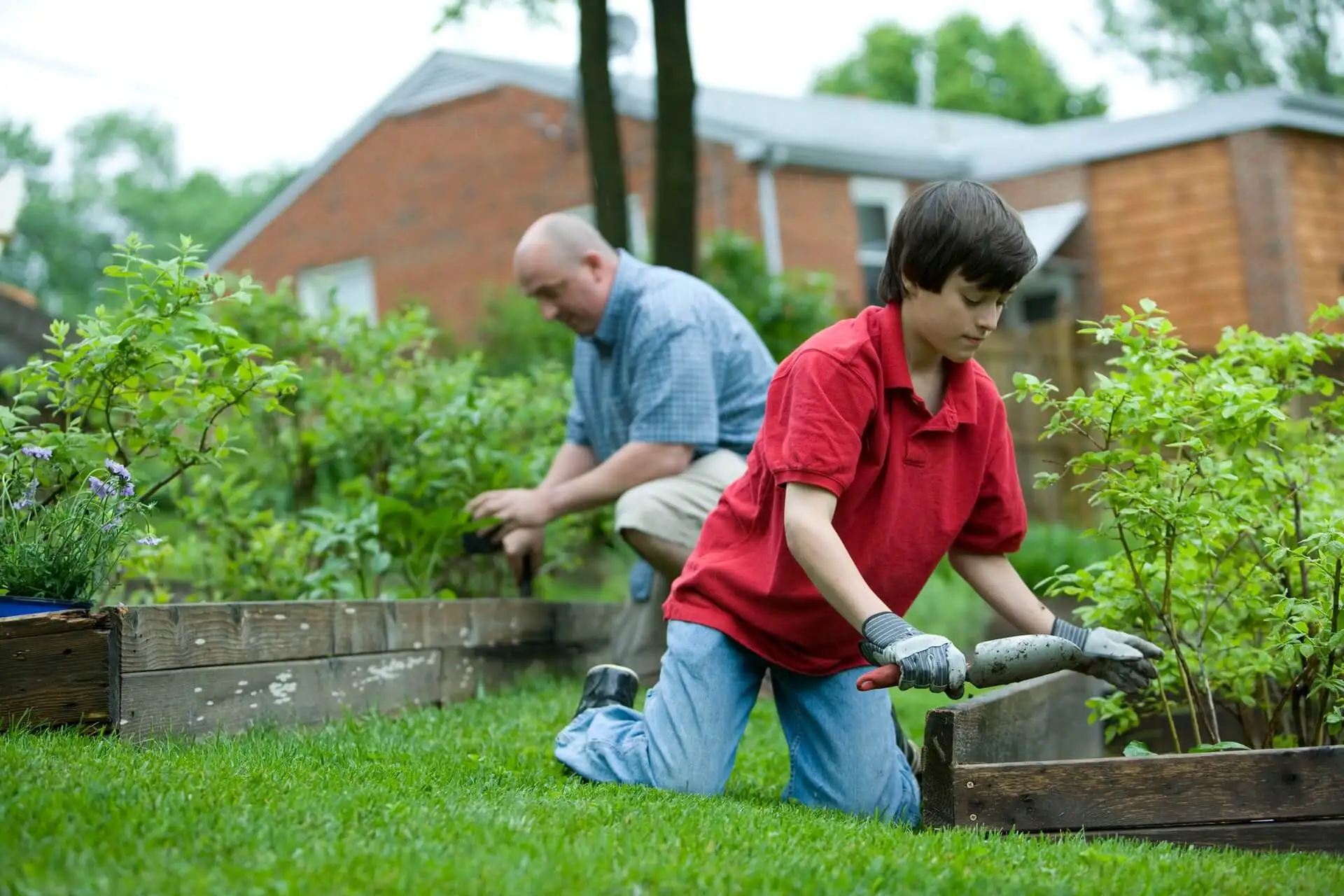 Nieto y abuelo en una jardinería.