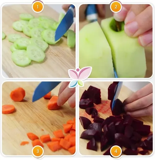 Primeros pasos para elaborar el jugo de remolacha, pepino y manzana.