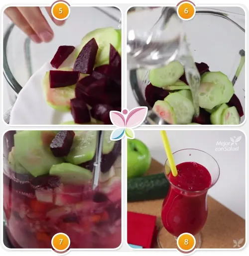 Pasos finales para elaborar el jugo de remolacha, pepino y manzana.