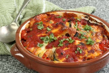 Berenjenas a la crema con gambas y jamón