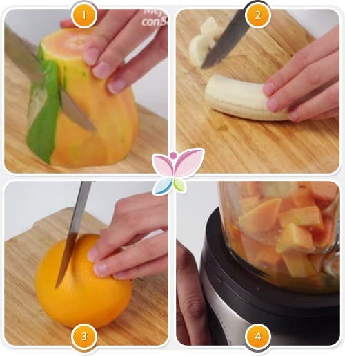 Preparación Zumo de plátano, papaya y naranja
