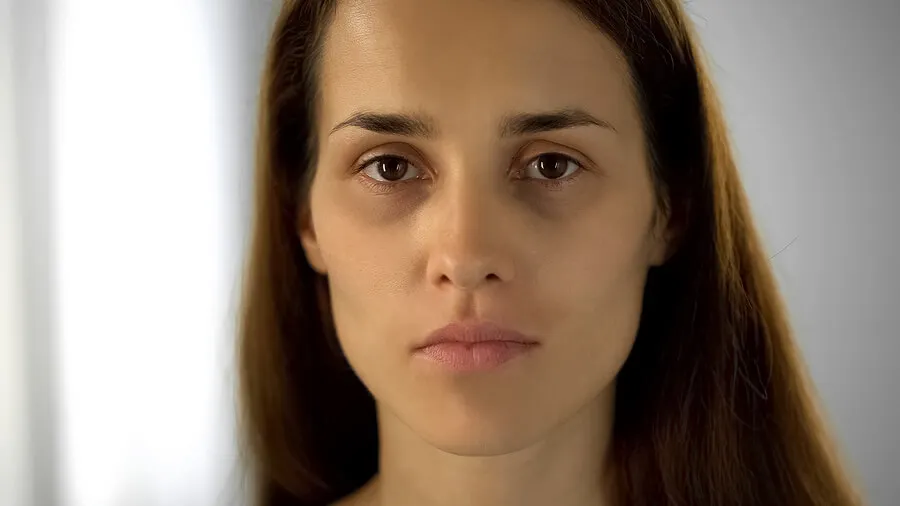 Mujer cansada con ojeras y párpados hinchados.