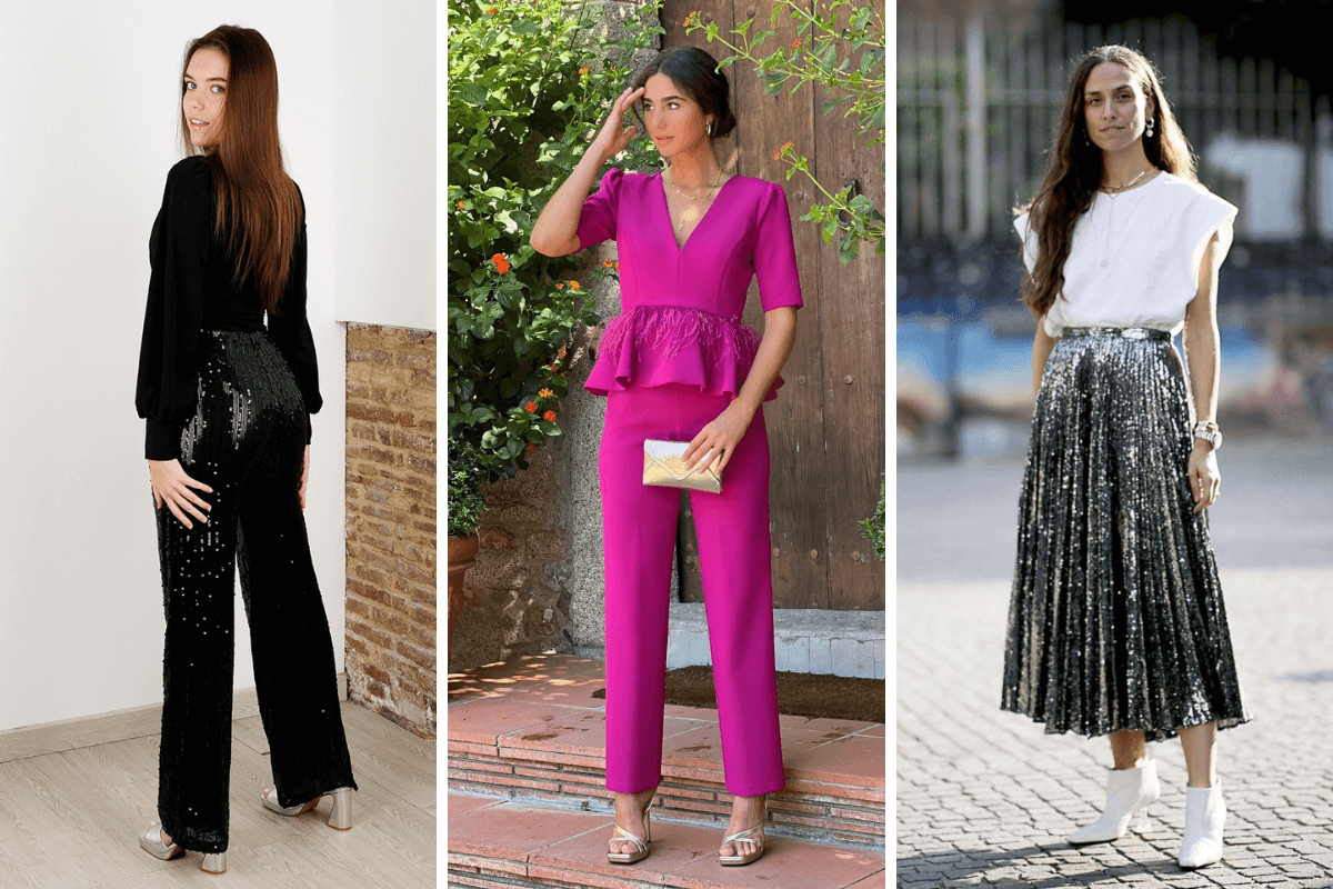 Tres looks para Navidad con lentejuelas y colores llamativos.