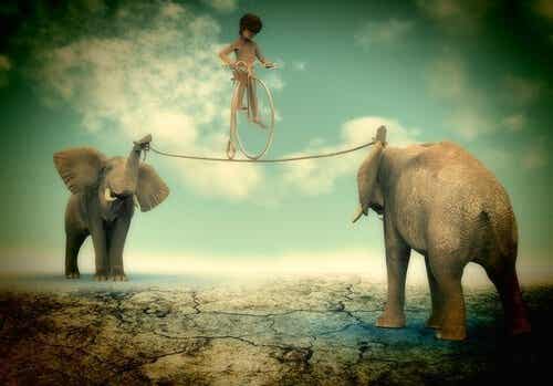 Niño-en-equilibrio-sobre-cuerda-sostenida-por-dos-elefantes