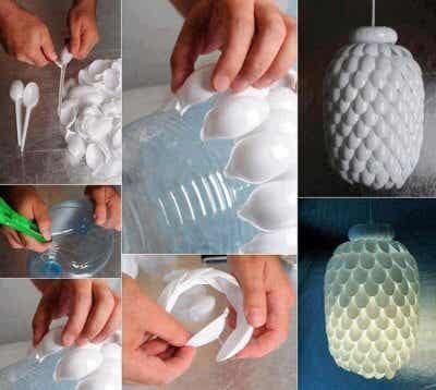 Reciclar lámpara con cucharas de plástico