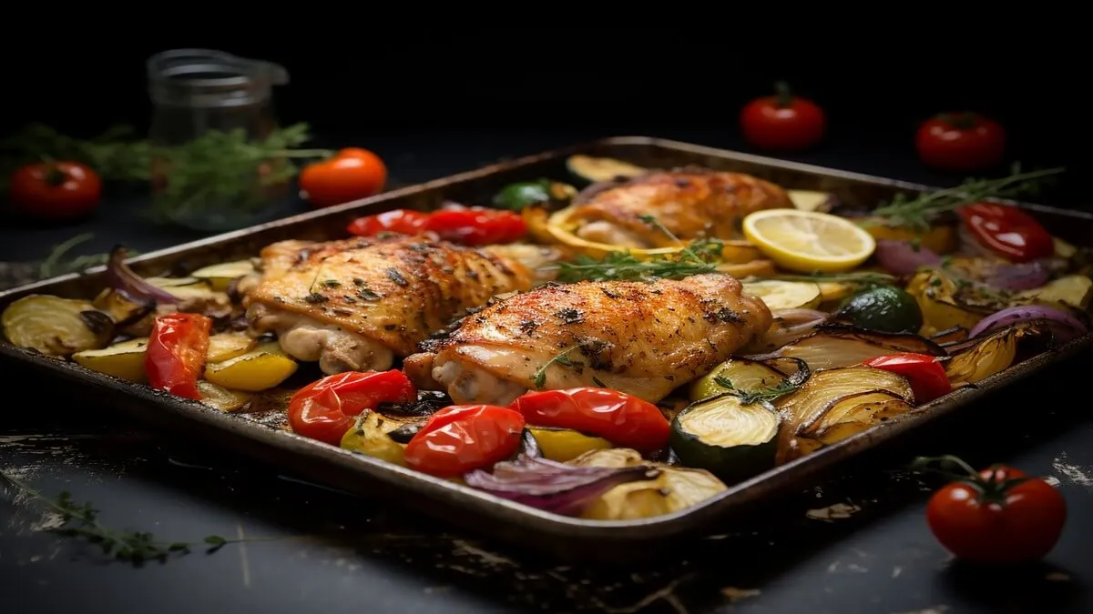 Pollo al horno con verduras asadas.