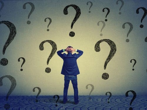 Ruminant thoughts illustrated as giant question marks