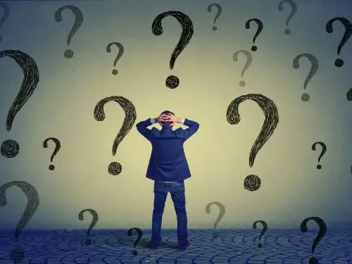 Ruminant thoughts illustrated as giant question marks