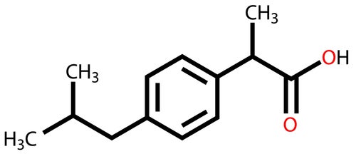 Estructura química del ibuprofeno con el oxígeno carboxílico en rojo