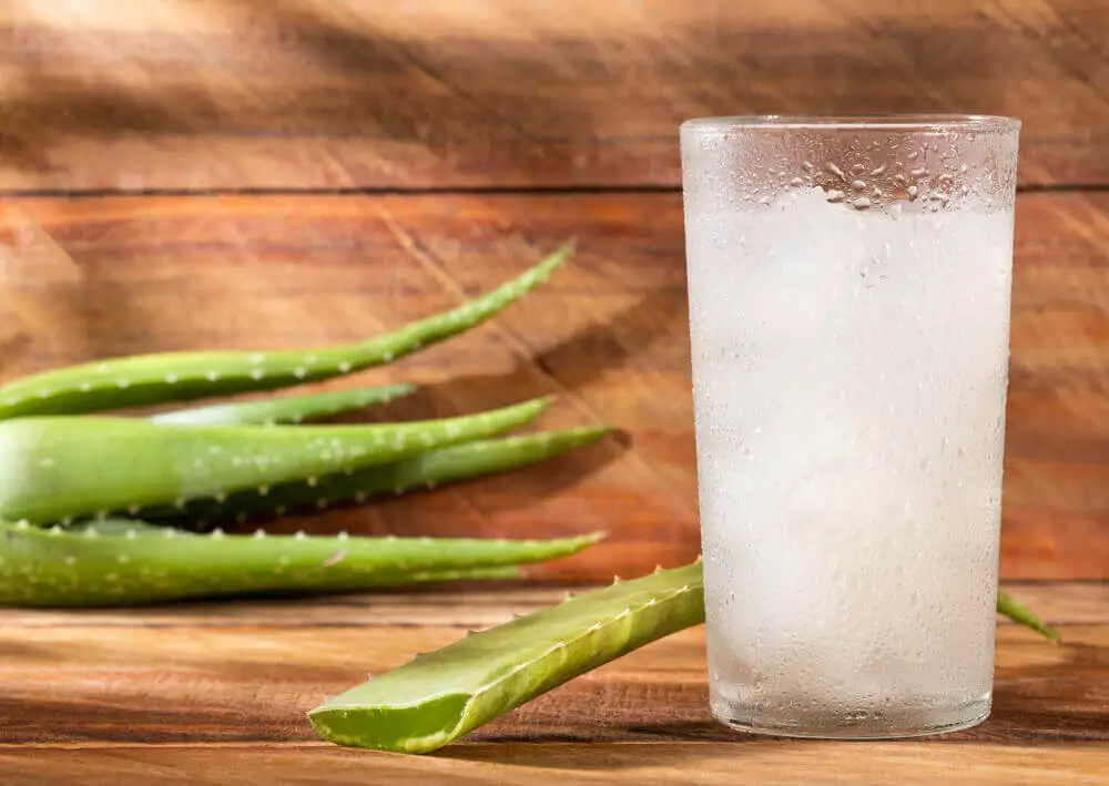 Vaso con enjuague de aloe vera.