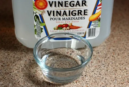 Vaso de vinagre blanco para blanquear las juntas de los azulejos
