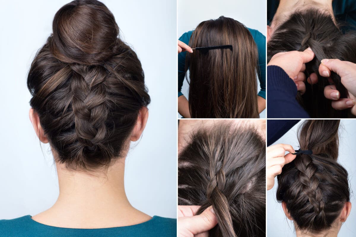 Peinado con trenza y rodete alto.