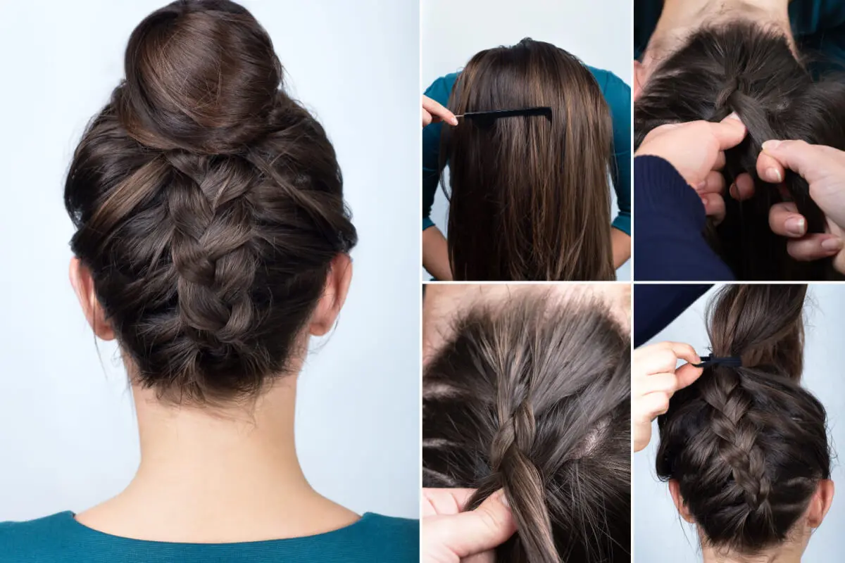 Peinado con trenza y rodete alto.