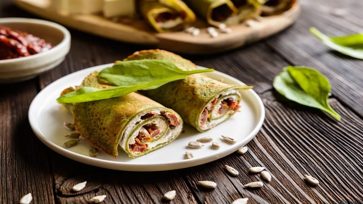 Rollo de salmón y mango con espinaca.