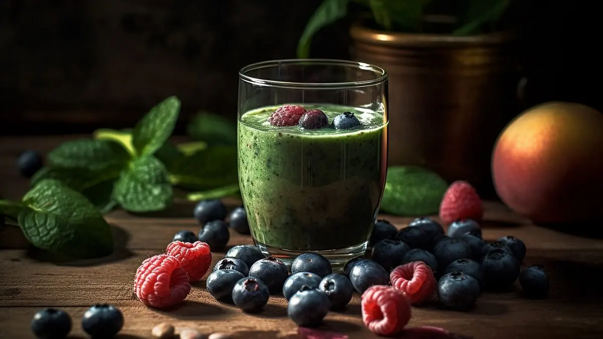 Batido de espinaca, arándanos, plátano y leche de coco