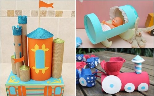 Juguetes para niños con tubos de cartón: Cuna para muñeca, trenes y castillo.