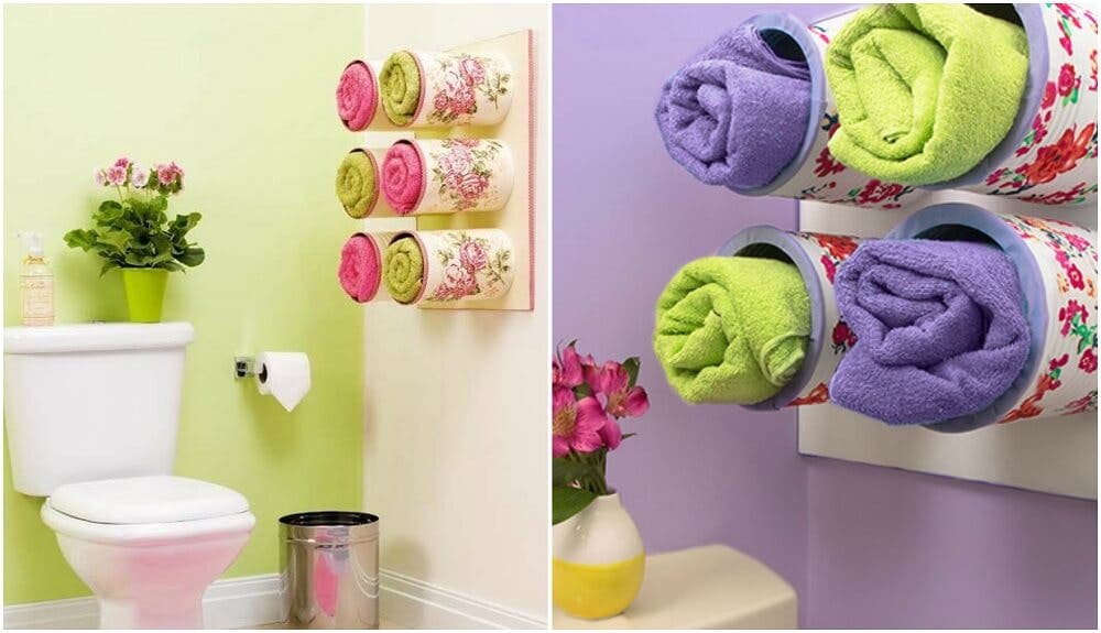 Toallero con latas para decorar un baño