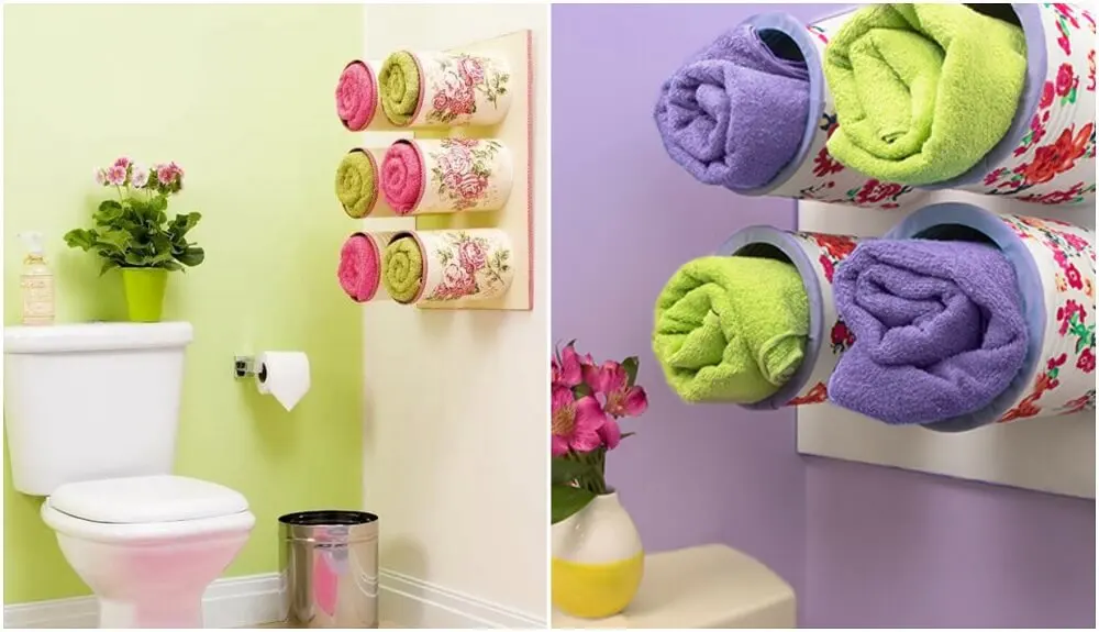 Toallero con latas para decorar un baño