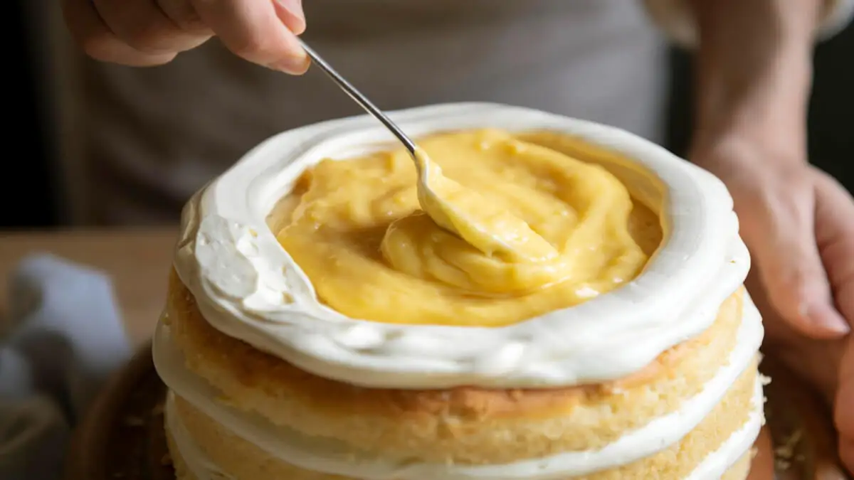 Tarta rellena con crema pastelera.