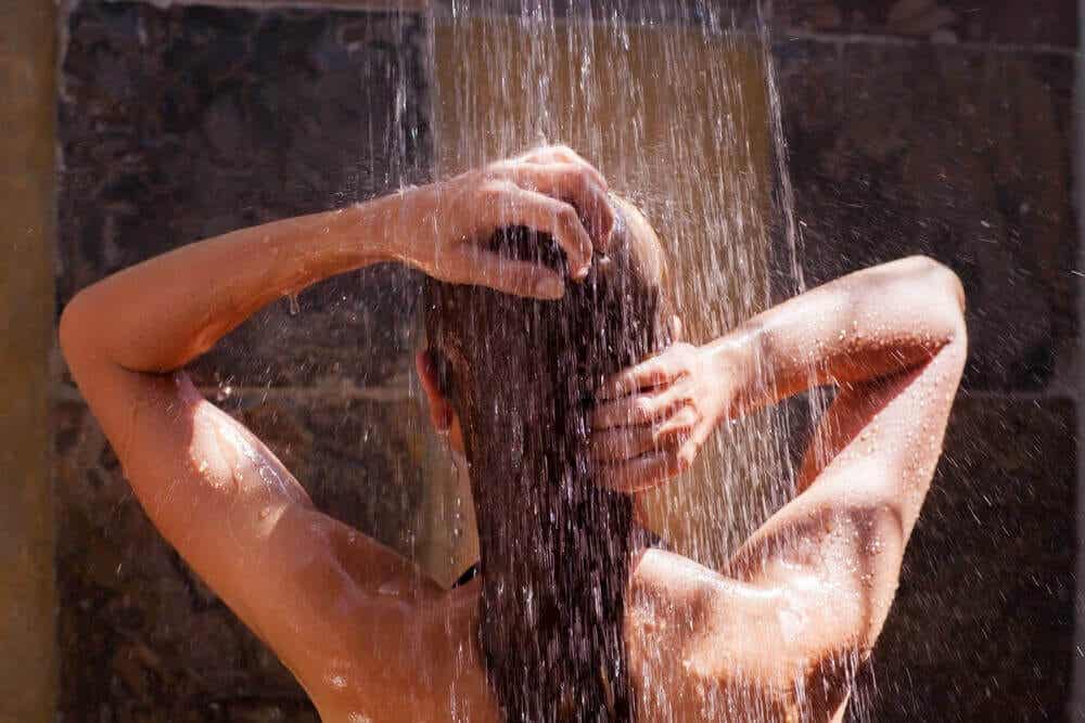A woman showering
