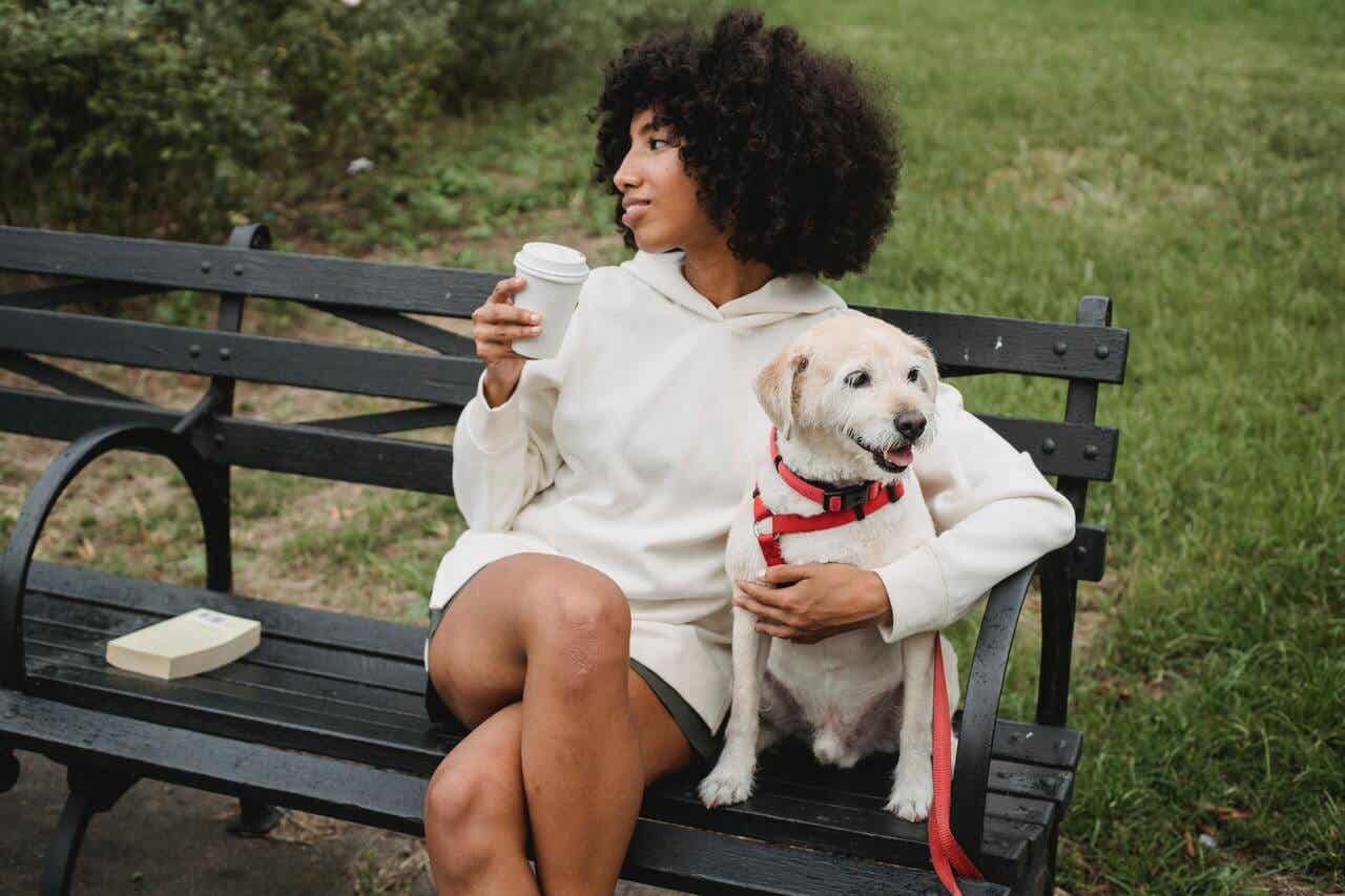 Mujer con perro en un banco del parque.