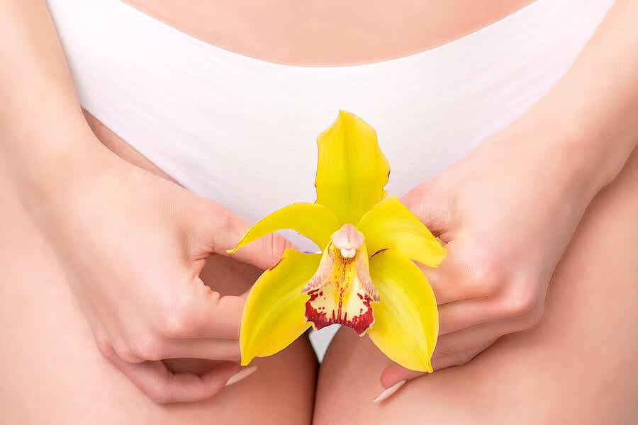 Mujer sosteniendo orquídea