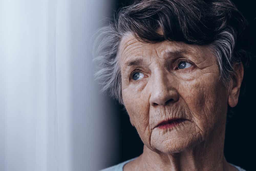 Retrato de una anciana mirando por la ventana.