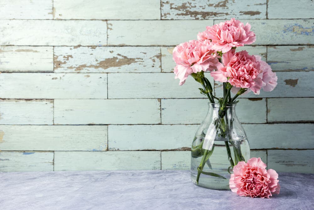 Florero de cristal con flores rosas