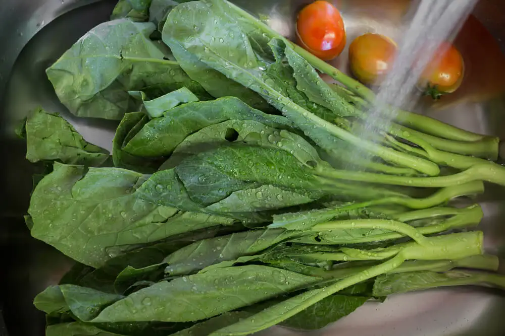 Verduras lavándose en el fregadero.