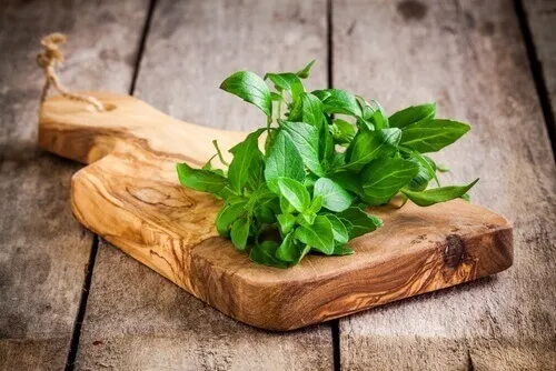 Albahaca sobre una tabla de madera.