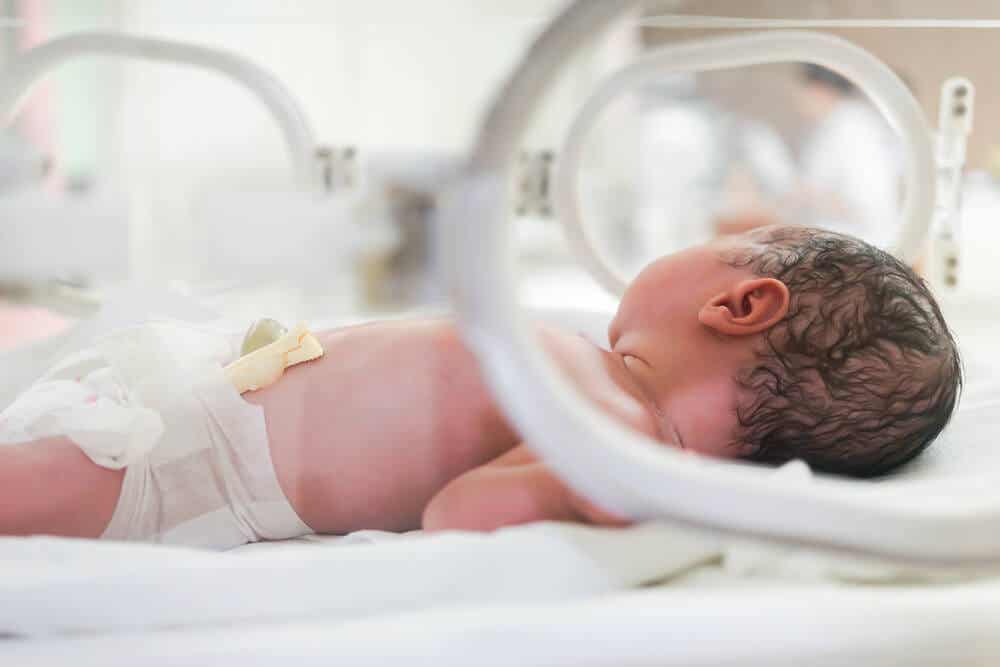 Niño prematuro en incubadora.