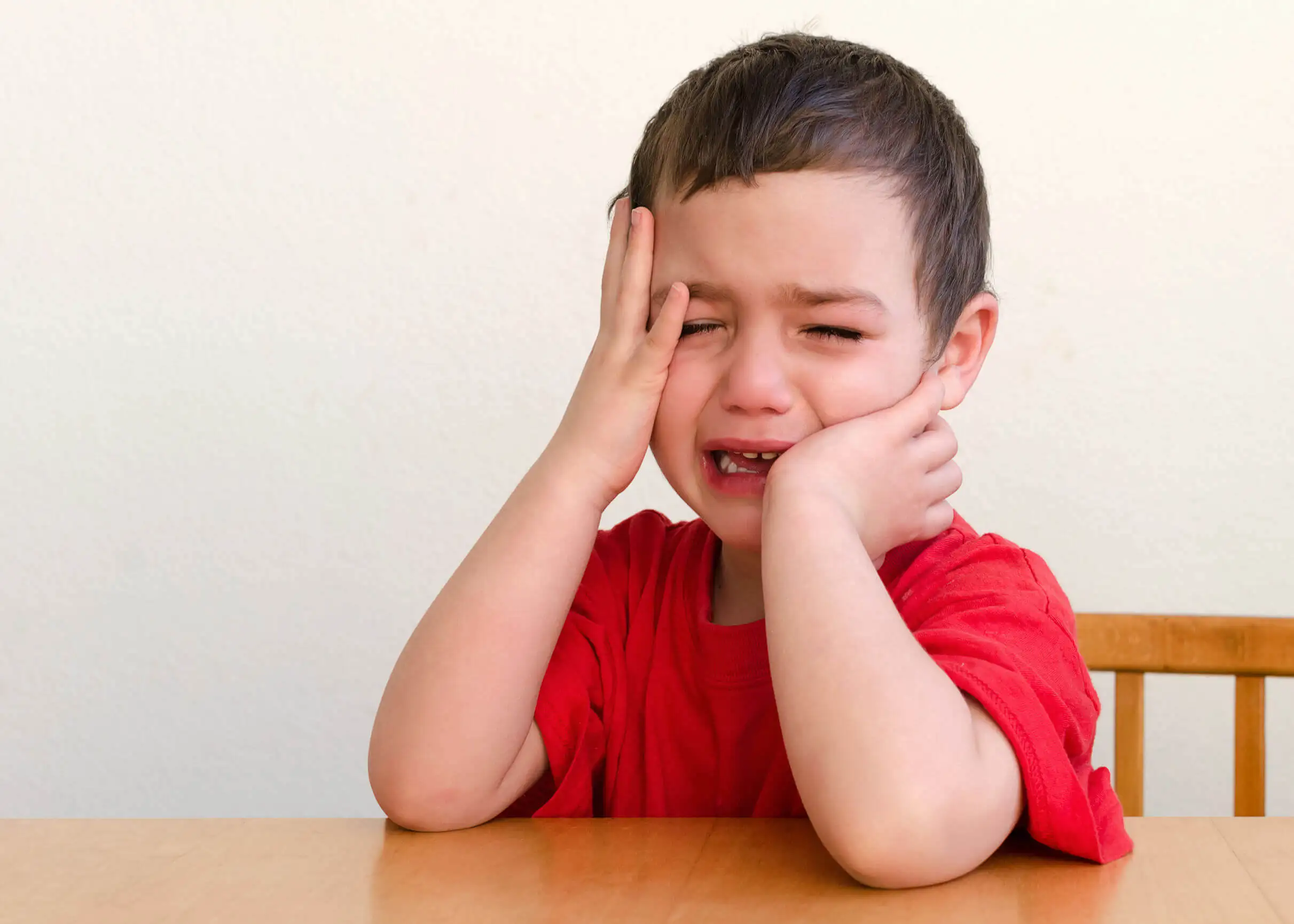 Niño llorando con dolor de cabeza