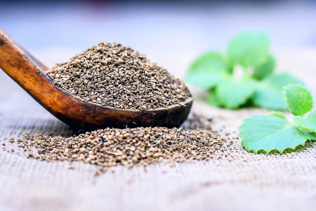 Semillas de ajwain en una cuchara.