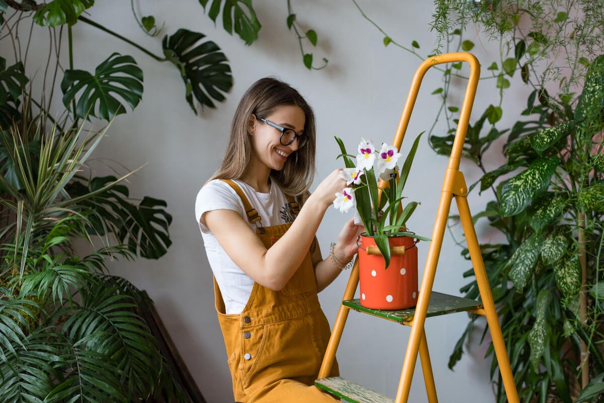 Mujer cuida una orquídea.