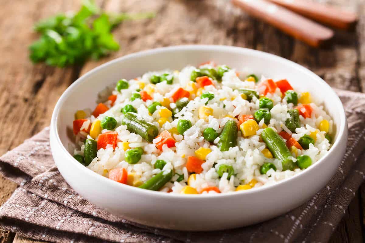 A dish of rice and vegetables.