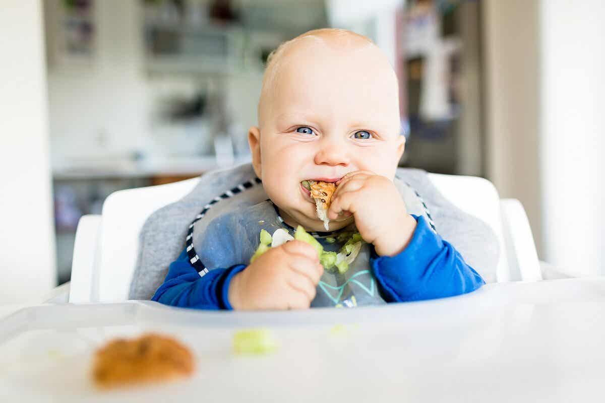 Bebé agarra alimentos con las manos.