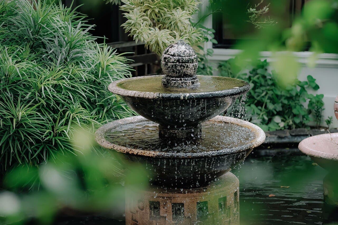 Fuente en un jardín para atraer ardillas.
