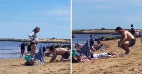 Amor en los detalles: cavó hoyo en la arena para que su esposa embarazada pudiera acostarse