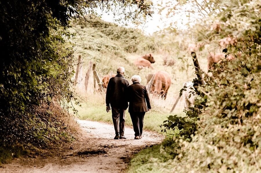 Coppia di anziani che passeggiano in campagna.