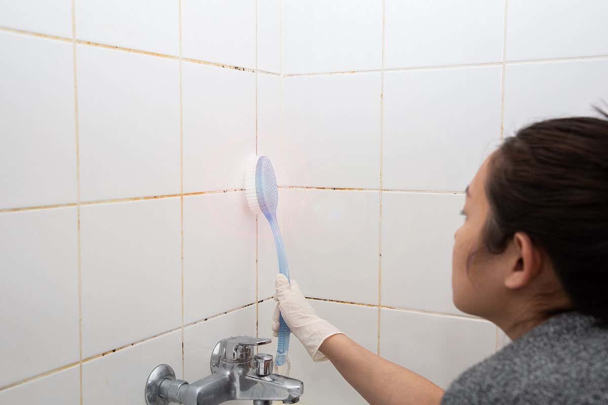 Borax - Frau reinigt Fliesen in der Dusche