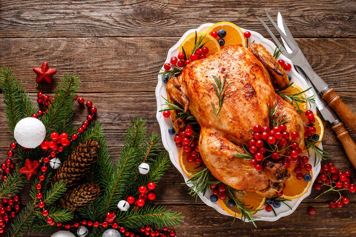 A Christmas turkey on a platter.