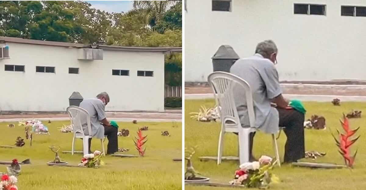 Abuelo visita a su amada fallecida en el cementerio desde hace cinco años