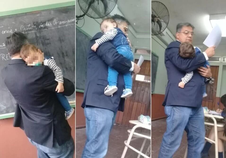 O professor com o bebê na classe
