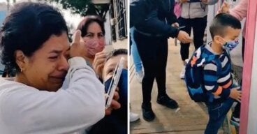 Madre llora de la emoción cuando deja a su hijo por primera vez en la escuela